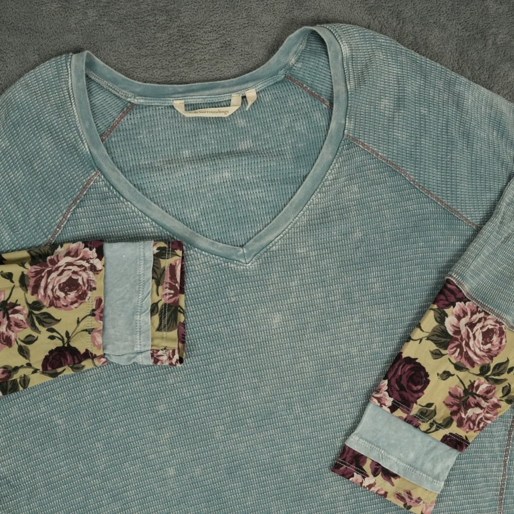 Soft Surroundings Lumi Thermal Tunic Women 2X Blue Waffle Knit Floral Cuff VNeck